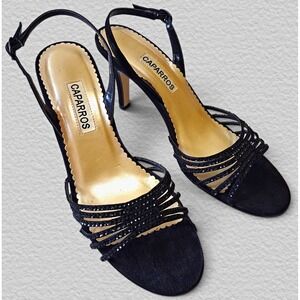 Y2K Caparros Black Satin Crystal Strappy Slingback Kitten Heels Leather Sole 7.5